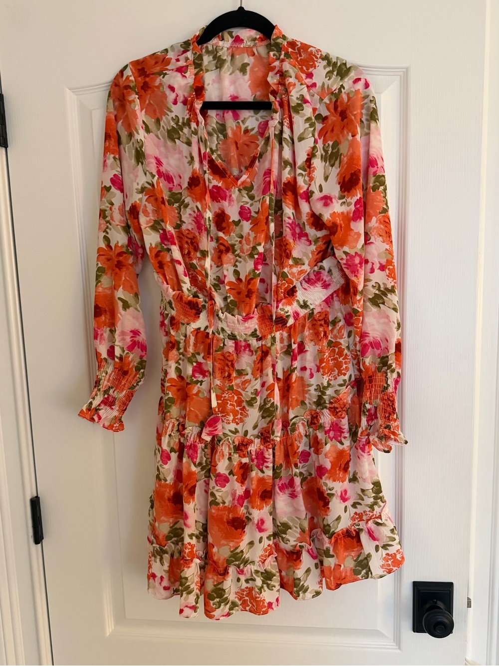 Floral Long Sleeve Tiered Dress in Cream with Orange & Pink Blooms